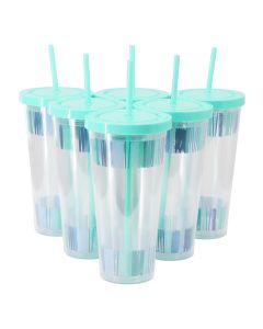 Gibson Home Tropical Sway Orleans 6 Pc 24 Oz Double Wall Plastic Tumbler Set with Lid &amp; Straw in Blue